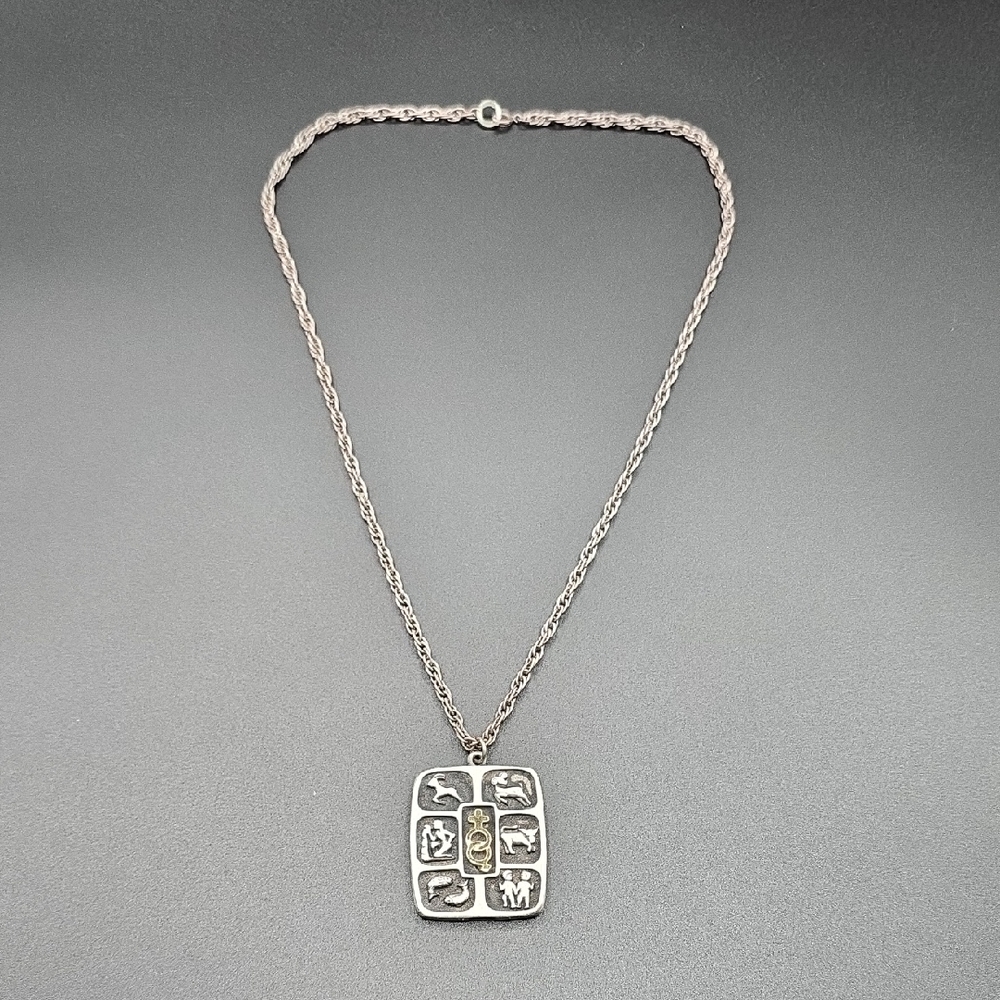 Vtg Pewter Zodiac Necklace